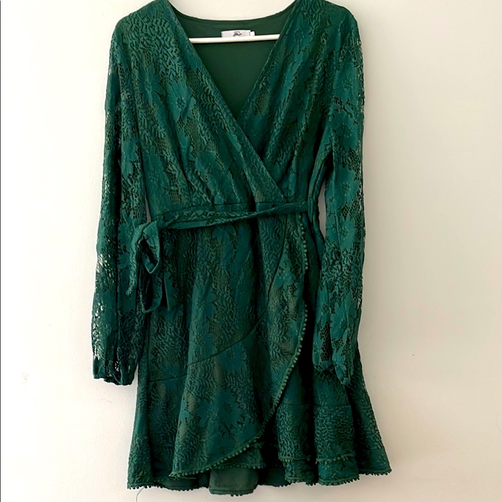 Green V-Neck Wrap Dress with Bishop Sleeves